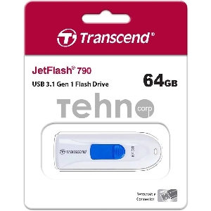 Флеш Диск 64GB Transcend JetFlash 790, USB 3.0, Белый/Синий