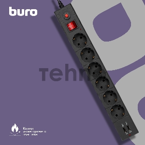 Сетевой фильтр BURO Сетевой фильтр, 6 розеток, 5 метров, (BU-SP5_USB_2A-B) черный {992320}