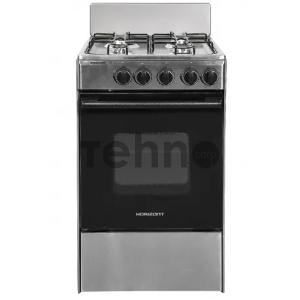 Газовая плита Horizont GS-12 нержавейка Щиток, Материал рабочей поверхности нержавеющая сталь, Объем духового шкафа 50л,  Дверца откидная из закаленного стекла,¶Решетка стола, Решетка духовки,  Подставка для выпечки, цвет серый+нержавеющая сталь, Размеры 