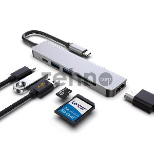 Адаптер Type-CM-->PD+2*USB3.0+TF+SD+HDMI(4K*30Hz)AlumiShell, VCOM <CU4371>