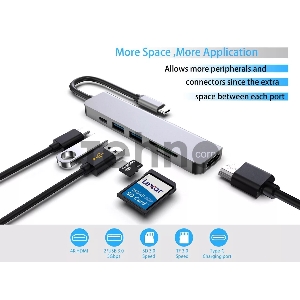 Адаптер Type-CM-->PD+2*USB3.0+TF+SD+HDMI(4K*30Hz)AlumiShell, VCOM <CU4371>