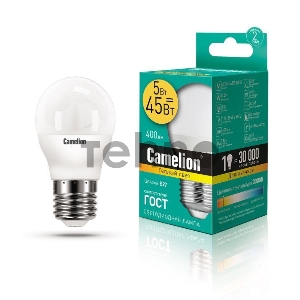 Лампа светодиодная LED5-G45/830/E27 5Вт шар 3000К тепл. бел. E27 390лм 220-240В Camelion 12028