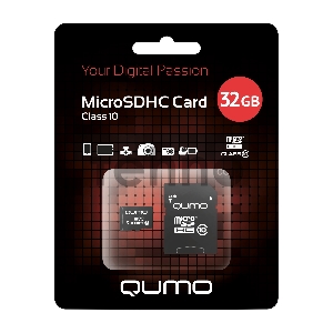 Флеш карта QUMO MicroSDHC 32GB Сlass 10 с адаптером SD, черно-красная картонная упаковка