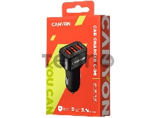 Зарядное устройство CANYON Universal 3xUSB car adapter, Input 12V-24V, Output 5V-3.1A, black rubber coating+black metal ring (side with USB is in plastic), 66*35.2*25.1mm, 0.025kg