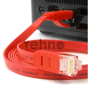 Патч-корд Greenconnect плоский прямой PROF  2.0m UTP медь, кат.6, красный, позолоченные контакты, 30 AWG, Premium ethernet high speed 10 Гбит/с, RJ45, T568B (GCR-LNC624-2.0m)