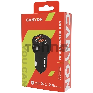Сетевой адаптер CANYON Universal 2xUSB car adapter, Input 12V-24V, Output 5V-2.4A, with Smart IC, black rubber coating with silver electroplated ring, 59.5*28.7*28.7mm, 0.019kg