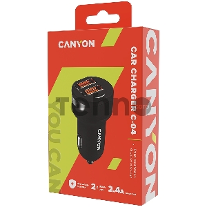 Сетевой адаптер CANYON Universal 2xUSB car adapter, Input 12V-24V, Output 5V-2.4A, with Smart IC, black rubber coating with silver electroplated ring, 59.5*28.7*28.7mm, 0.019kg Сетевой адаптер CANYON Universal 2xUSB car adapter, Input 12V-24V, Output 5V-2.4A, with Smart IC, black rubber coating with silver electroplated ring, 59.5*28.7*28.7mm, 0.019kg