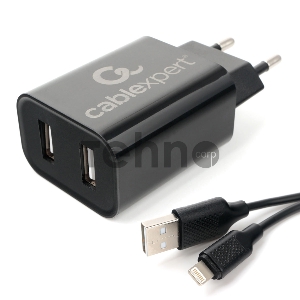 Адаптер питания Cablexpert MP3A-PC-36 USB 2 порта, 2.4A, черный + кабель 1м lightning