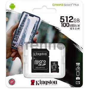 Флеш карта microSDHC 512GB microSDXC Class10 Kingston <SDCS2/512GB> UHS-I Canvas Select up to 100MB/s с адапт.