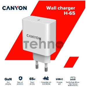 Сетевой адаптер Canyon, GAN 65W charger  Input:  100V-240V Output: 5.0V3.0A /9.0V3.0A /12.0V-3.0A/ 15.0V-3.0A /20.0V3.25A , Eu plug, Over- Voltage ,  over-heated, over-current and short circuit protection Compliant with CE RoHs,ERP. Size: 53*53*29mm, 110g
