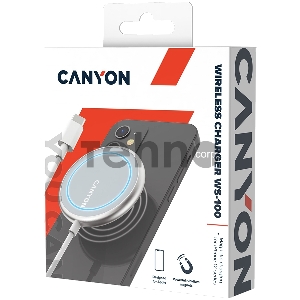 Беспроводное зарядное устройство CANYON WS-100 Wireless charger, Input 9V/2A, 9V/2.7A, 12V/2A, Output 15W/10W/7.5W/5W, Type c cable length 1.5m, Acrylic surface+Aluminium alloy edge, 59*59*7mm, 0.06Kg, Silver