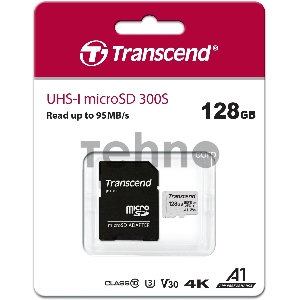 Флеш карта Transcend Micro SecureDigital 128Gb MicroSDXC Class 10 UHS-I U3, SD adapter}(TS128GUSD300S-A)