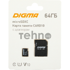 Флеш карта microSDXC 64Gb Class10 Digma CARD10 + adapter