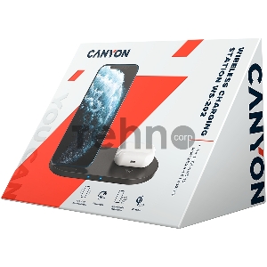 Беспроводное зарядное устройство CANYON WS-202 2in1 Wireless charger, Input 5V/3A, 9V/2.67A, Output 10W/7.5W/5W, Type c cable length 1.2m, PC+ABS,with PU part ,180*86*111.1mm, 0.185Kg,Black