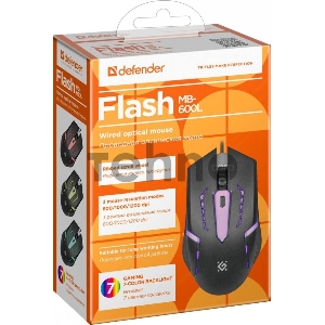 Мышь проводная  Defender Flash MB-600L черный,4кнопки,7 цветов подсветки,800- 1200dpi (52600)