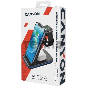 Беспроводная зарядная станция CANYON WS- 304, Foldable  3in1 Wireless charger, with touch button for Running water light, Input 9V/2A,  12V/1.5AOutput 15W/10W/7.5W/5W, Type c to USB-A cable length 1.2m, with QC18W EU plug,132.51*75*28.58mm, 0.168Kg, Black