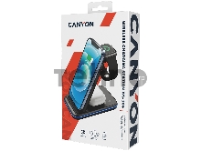 Беспроводная зарядная станция CANYON WS- 304, Foldable  3in1 Wireless charger, with touch button for Running water light, Input 9V/2A,  12V/1.5AOutput 15W/10W/7.5W/5W, Type c to USB-A cable length 1.2m, with QC18W EU plug,132.51*75*28.58mm, 0.168Kg, Black