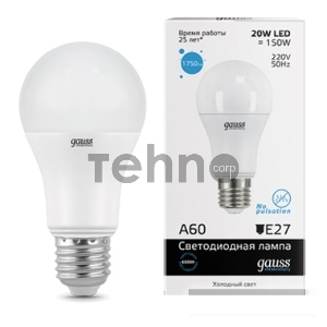 Лампа GAUSS LED Elementary 23239  A60 20W E27 6500K 1/10/40 груша