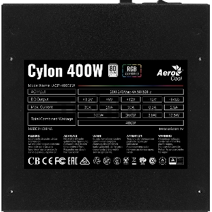 Блок питания Aerocool ATX 400W CYLON 400 80+ (24+4+4pin) 120mm fan color 4xSATA RTL