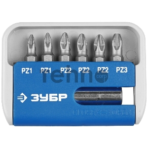 Набор ЗУБР: Биты с магнитным адаптером, хромомолибденовая сталь S2, PZ1(2шт), PZ2(3шт), PZ3(1шт), 7 пред