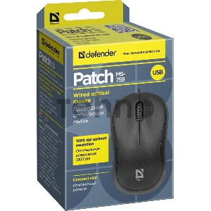 Мышь проводная  Defender Patch MS-759 черный,3 кнопки, 1000 dpi  52759