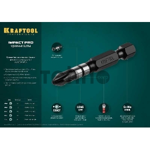 Биты KRAFTOOL Impact Pro, Philips, тип хвостовика E 1/4, PH2, 50мм, 10шт, в пластиковом боксе [26191-2-50-S10]