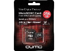 Карта памяти QUMO MicroSDXC 256 GB  UHS-I, 3.0 с адаптером SD, R/W 90/20 MB/s черно-красная картонная упаковка