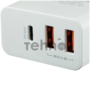 Сетевая зарядка CANYON Universal 3xUSB AC charger (in wall) with over-voltage protection(1 USB-C with PD Quick Charger), Input 100V-240V, OutputUSB-A/5V-2.4A+USB-C/PD30W, with Smart IC, White Glossy Color+ orange plastic part of USB, 96.8*52.48*28.5mm, 0.