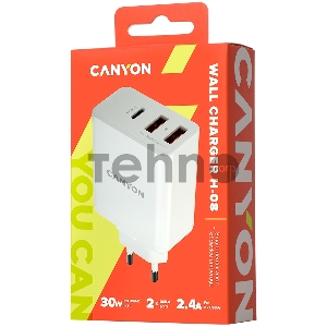 Сетевая зарядка CANYON Universal 3xUSB AC charger (in wall) with over-voltage protection(1 USB-C with PD Quick Charger), Input 100V-240V, OutputUSB-A/5V-2.4A+USB-C/PD30W, with Smart IC, White Glossy Color+ orange plastic part of USB, 96.8*52.48*28.5mm, 0.