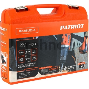 Дрель-шуруповерт аккумуляторная PATRIOT BR 216UES-h две батареи Li-ion, УДАР, бесщеточный двигатель,  патрон 13мм, большой кейс, зарядка за 1 час, комплект бит и сверл, UES