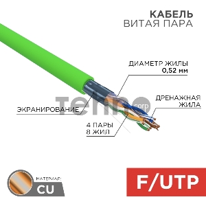 Кабель витая пара F/UTP, CAT 5e, нг(А)-HFLTx, 4х2х0,52мм, 24AWG, INDOOR, SOLID, зеленый, 305м REXANT