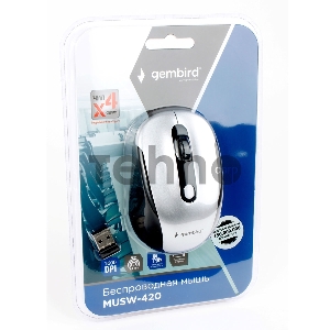Мышь беспров. Gembird MUSW-420-4, 2.4ГГц, серебряный,soft touch, 4кн, 1600DPI, блистер Мышь беспров. Gembird MUSW-420-4, 2.4ГГц, серебряный,soft touch, 4кн, 1600DPI, блистер