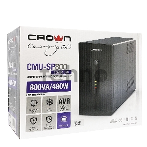 Источник бесперебойного питания CROWN Line Intractive CMU-SP800 COMBO USB 800VA\480W, корпус металл, 1x12V/9AH, розетки 4*IEC + 2*EURO+1*IEC bybass, трансформатор AVR 140-290V, съёмный кабель 1.2 м, порт RJ11/45, порт USB, защита: от перегрузки, от КЗ, от