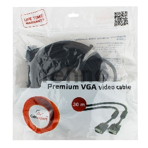 Кабель Gembird/Cablexpert CC-PPVGA-30M-B, Кабель VGA Premium , 15M/15M, 30м, черный, тройной экран, феррит.кольца