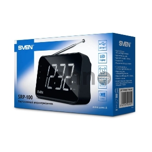 Радиоприёмник SVEN SRP-100 чёрный (2 Вт, LED-дисплей, FM, часы, будильник, USB-С, 1200 мАч)