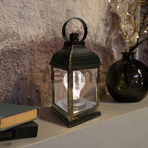 Декоративный фонарь с лампочкой, бронзовый корпус, размер 10.5х10.5х22,5 см, цвет ТЕПЛЫЙ БЕЛЫЙ