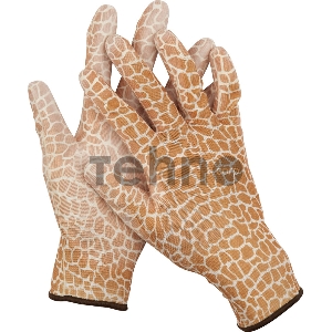 Перчатки GRINDA садовые, прозрачное PU покрытие, 13 класс вязки, коричневые, размер M