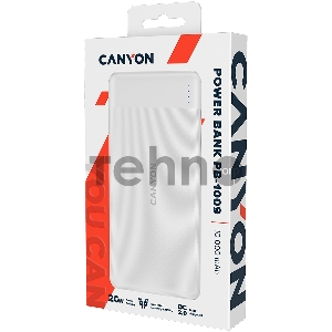 Аккумулятор CANYON PB-109 Power bank 10000mAh Li-poly battery, Input Lightning &Type C  : 5V/2A, 9V/2A PD 18W(Max), Output Type C 5V/3A,9V/2.2A,12V/1.5A 20W,  Output USB A:5V3A,9V2A,12V1.5A,18W quick charging cable 0.3m, 144*68*16mm, 0.24kg, White