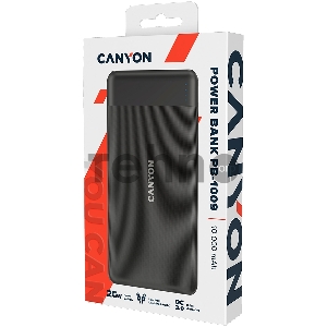 Аккумулятор CANYON PB-109 Power bank 10000mAh Li-poly battery, Input Lightning &Type C : 5V/2A, 9V/2A PD 18W(Max), Output Type C 5V/3A,9V/2.2A,12V/1.5A 20W, Output USB A:5V3A,9V2A,12V1.5A,18W quick charging cable 0.3m, 144*68*16mm, 0.24kg, Black Аккумулятор CANYON PB-109 Power bank 10000mAh Li-poly battery, Input Lightning &Type C : 5V/2A, 9V/2A PD 18W(Max), Output Type C 5V/3A,9V/2.2A,12V/1.5A 20W, Output USB A:5V3A,9V2A,12V1.5A,18W quick charging cable 0.3m, 144*68*16mm, 0.24kg, Black