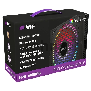 Блок питания HIPER HPB-600RGB (ATX 2.31, 600W, ActivePFC, RGB 140mm fan, Black) BOX