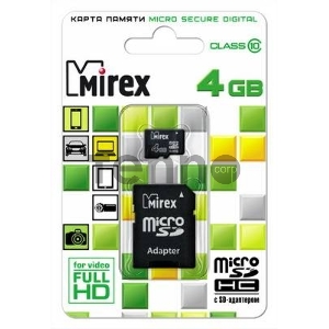 Флеш карта microSD 4GB Mirex Class 10 (SD адаптер) Флеш карта microSD 4GB Mirex Class 10 (SD адаптер)
