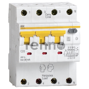 Выключатель автоматический дифференциальный АВДТ 34 3п+N 20А C 30мА тип A | MAD22-6-020-C-30 | IEK