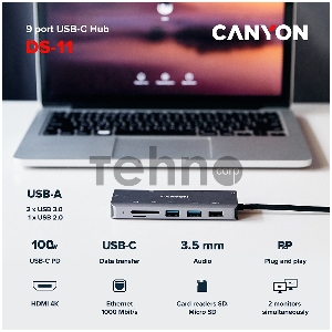 Мультипортовый хаб CANYON 9 in 1 USB C hub, with 1*HDMI: 4K*30Hz,1*Gigabit Ethernet,, 1*Type-C PD charging port, Max 100W PD input. 2*USB3.0,transfer speed up to 5Gbps. 1*USB 2.0, 1*SD, 1*3.5mm audio jack, cable 18cm, Aluminum alloy housing115*46*15 mm, 8