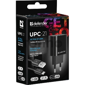 Сетевой адаптер Defender UPC-21 2xUSB,5V/2.1А кабель microUSB