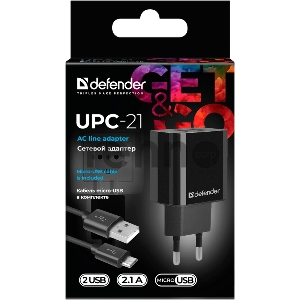 Сетевой адаптер Defender UPC-21 2xUSB,5V/2.1А кабель microUSB