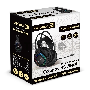 Игровая гарнитура ExeGate EX289747RUS Cosmos HS-704GL (объемный звук 7.1, длина кабеля 2.5м, RGB подсветка, USB интерфейс)