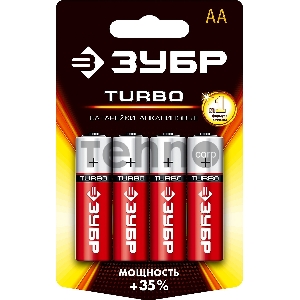 Щелочная батарейка 1.5 В, тип АА, 4 шт, ЗУБР Turbo
