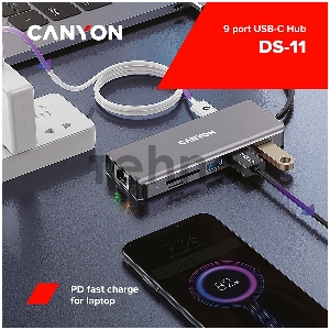 Мультипортовый хаб CANYON 9 in 1 USB C hub, with 1*HDMI: 4K*30Hz,1*Gigabit Ethernet,, 1*Type-C PD charging port, Max 100W PD input. 2*USB3.0,transfer speed up to 5Gbps. 1*USB 2.0, 1*SD, 1*3.5mm audio jack, cable 18cm, Aluminum alloy housing115*46*15 mm, 8