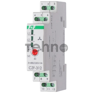 Реле контроля и наличия фаз CZF-312 (монтаж на DIN-рейке 35мм; регулировка порога; без задержки отключения; 3х400/230+N 2х8А 1Z 1R IP20) F&F EA04.001.007