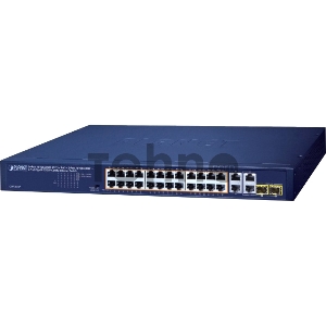 Коммутатор PLANET GSW-2824P 24-Port 10/100/1000T 802.3at PoE + 2-Port 10/100/1000T + 2-Port Gigabit TP/SFP Combo Ethernet Switch (250W PoE Budget, Standard/VLAN/Extend mode, supports PD alive check)